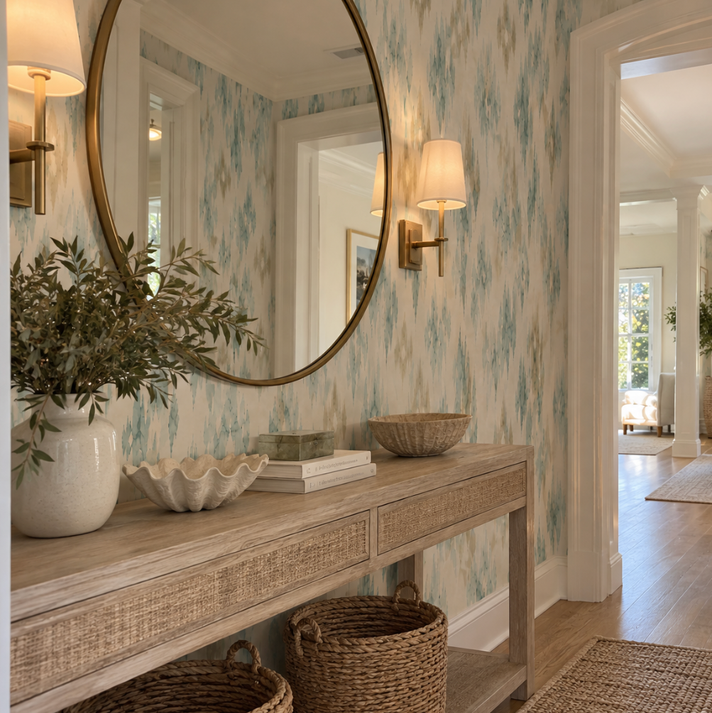 Luxury beach house wallpaper featuring a subtle blue and beige repeating pattern.