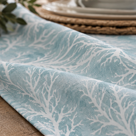 Luxury blue coral table runner styled in coastal dining room