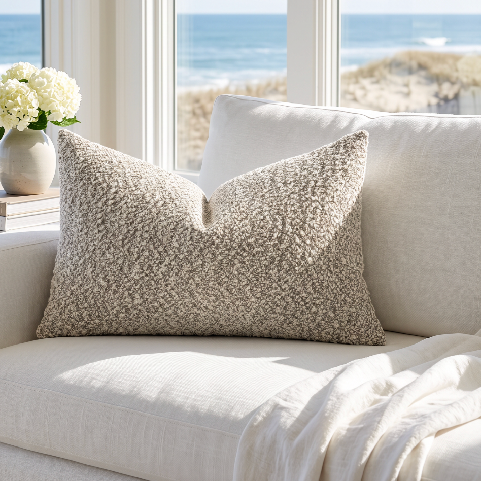 Rectangular brown bouclé pillow crafted from polyester, designed to hold its shape through daily use.