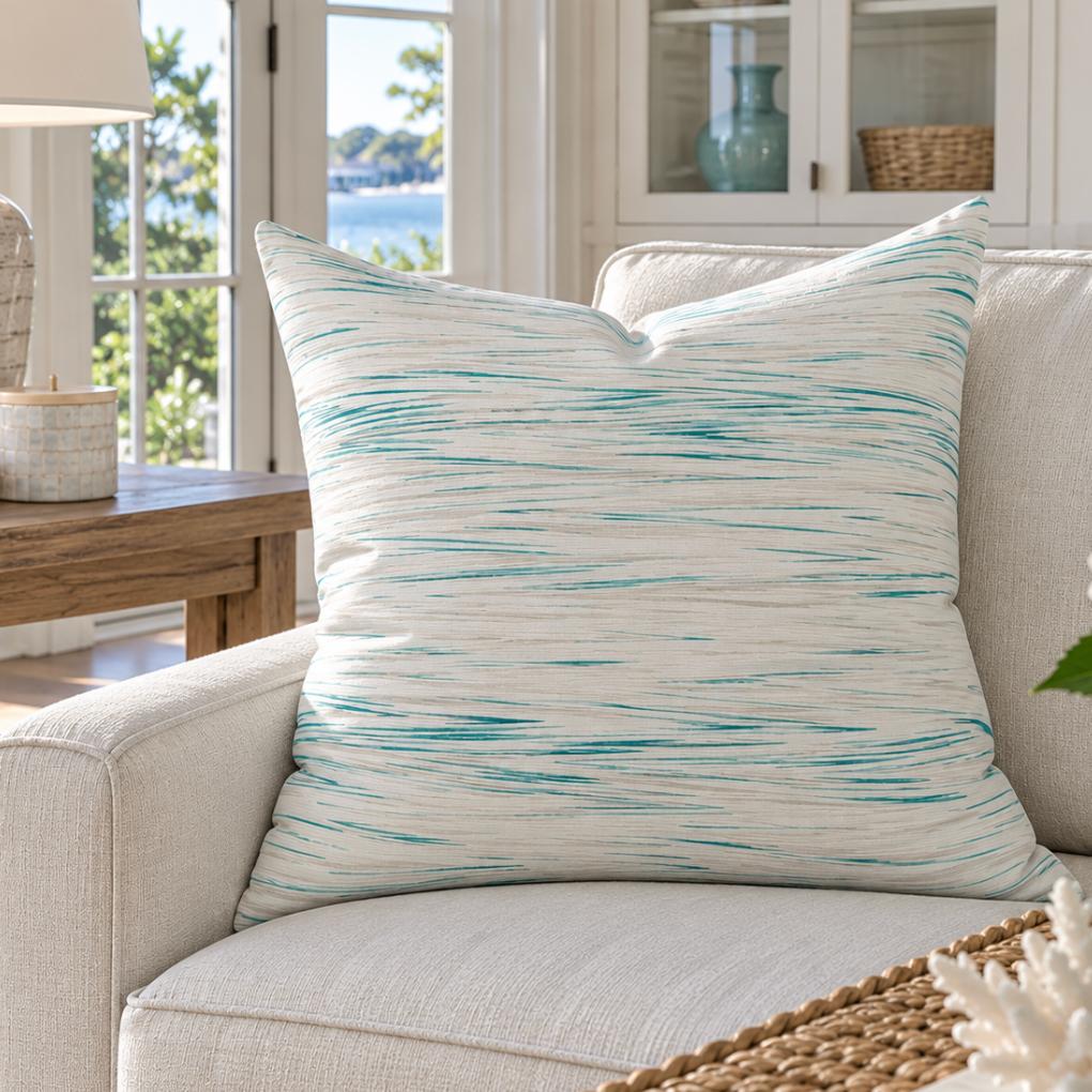 Luxury coastal decorative pillow with an abstract aqua and white design.