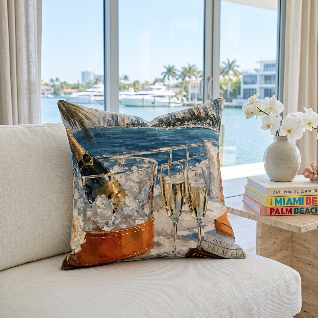 Luxury coastal throw pillow showing champagne on ice, glasses, and an ocean view railing