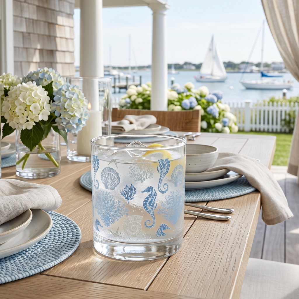 Coastal cocktail glass featuring a seahorse pattern for nautical home bar decor.