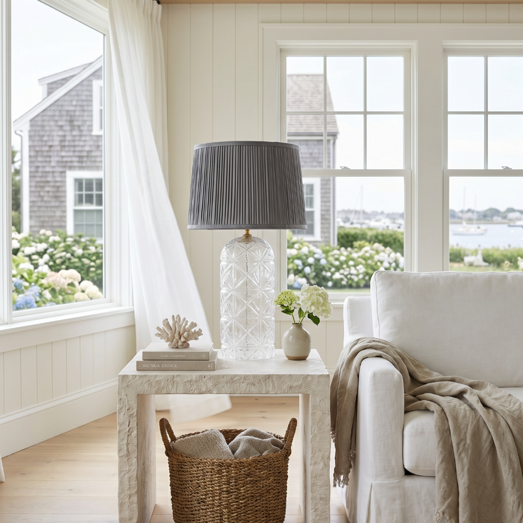 Coastal chic table lamp with a clear glass base and natural woven shade.