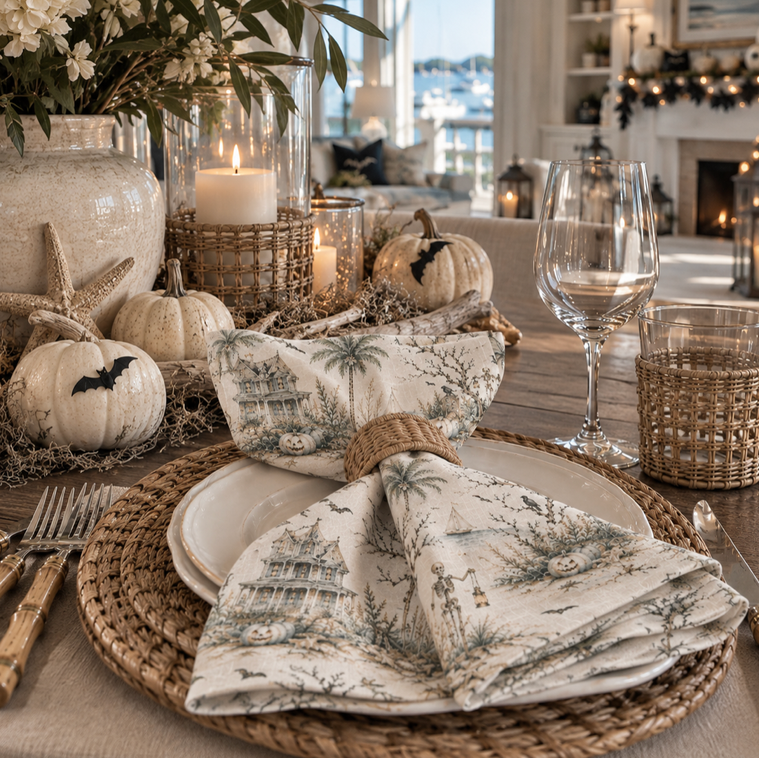 Luxury coastal Halloween table linens in a set of four for refined seasonal entertaining