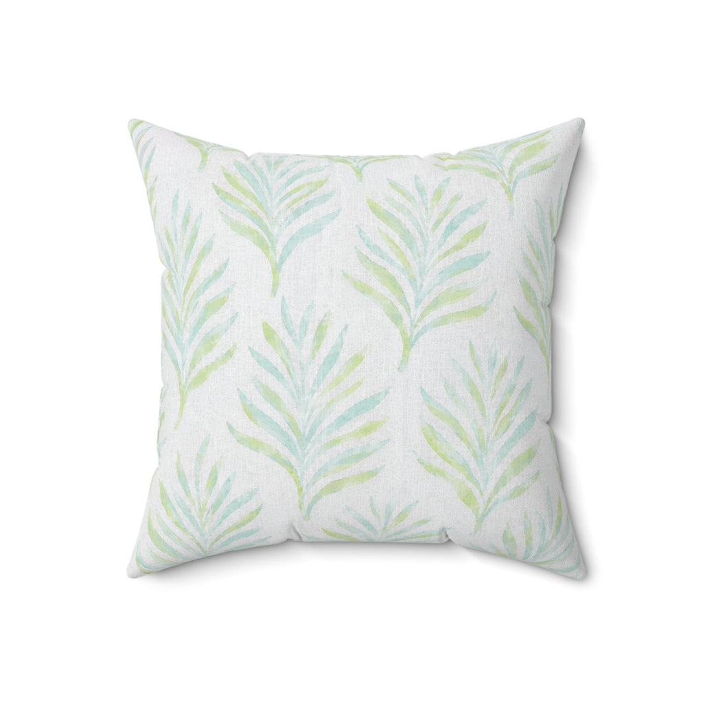 Luxury coastal palm leaf throw pillow in blue and green tones