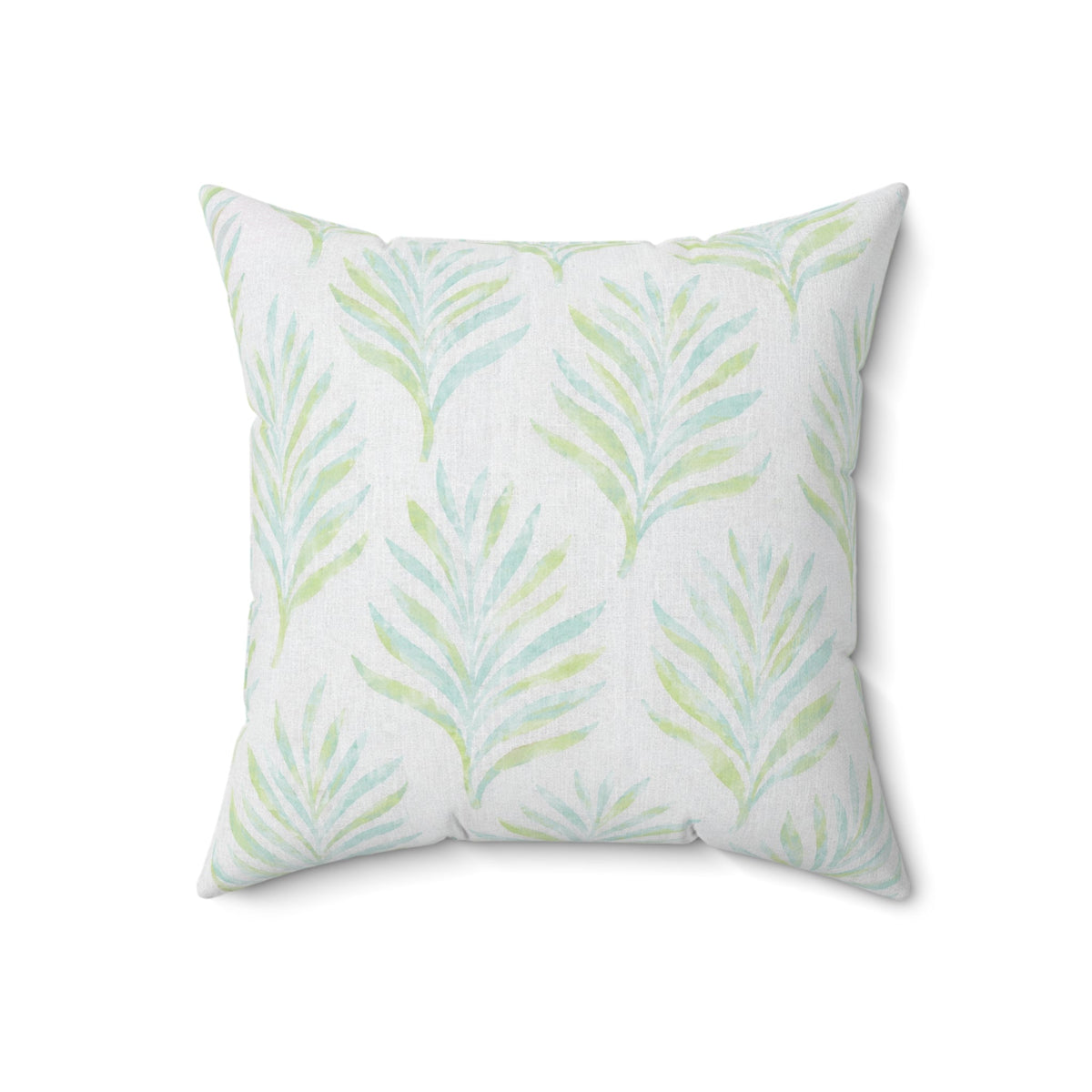 Luxury coastal palm leaf throw pillow in blue and green tones