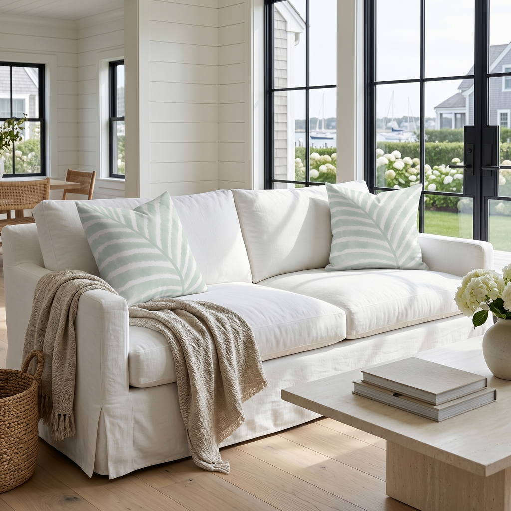 Luxurious beach-inspired decorative pillow with a clean botanical look
