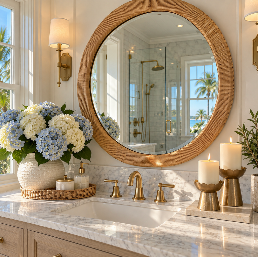 Luxury coastal rattan mirror with an organic sculptural frame.
