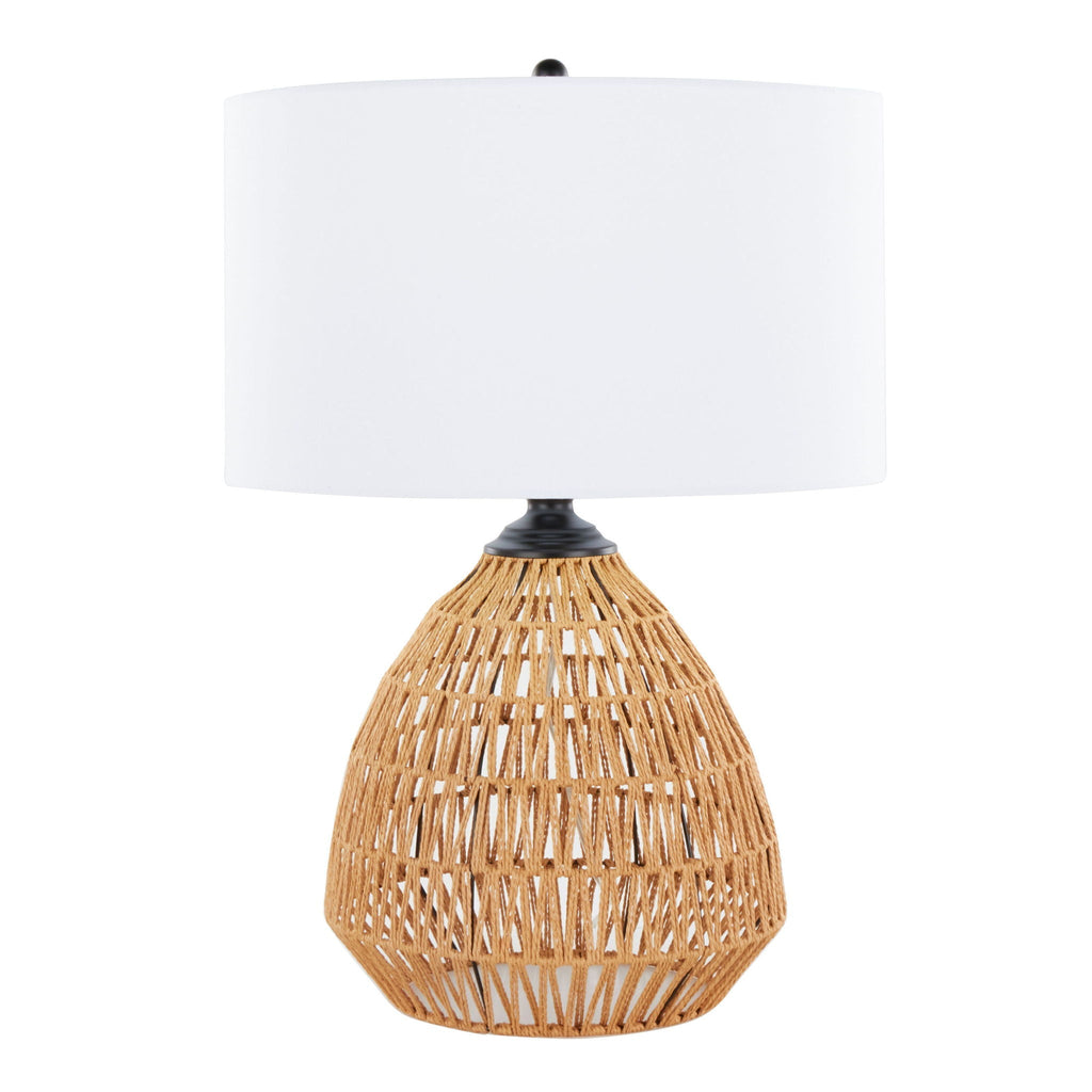 Beach house rattan lamp with a relaxed woven design and natural fiber look.
