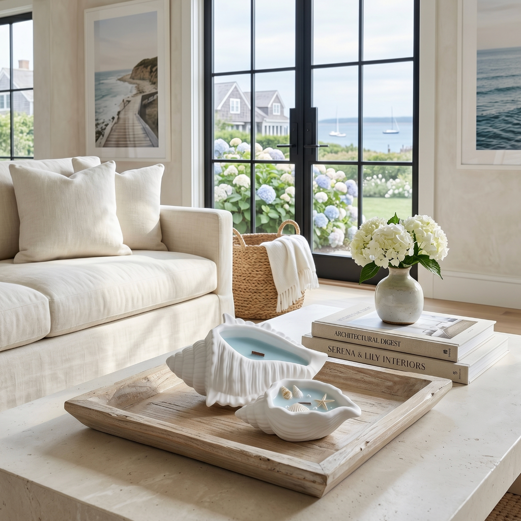 Decorative shell candle for beach house and ocean-themed home decor.