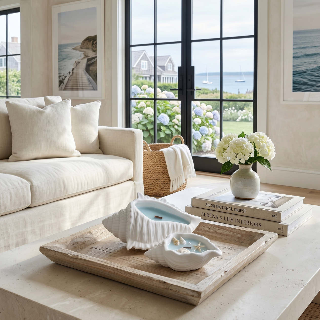 Decorative shell candle for beach house and ocean-themed home decor.