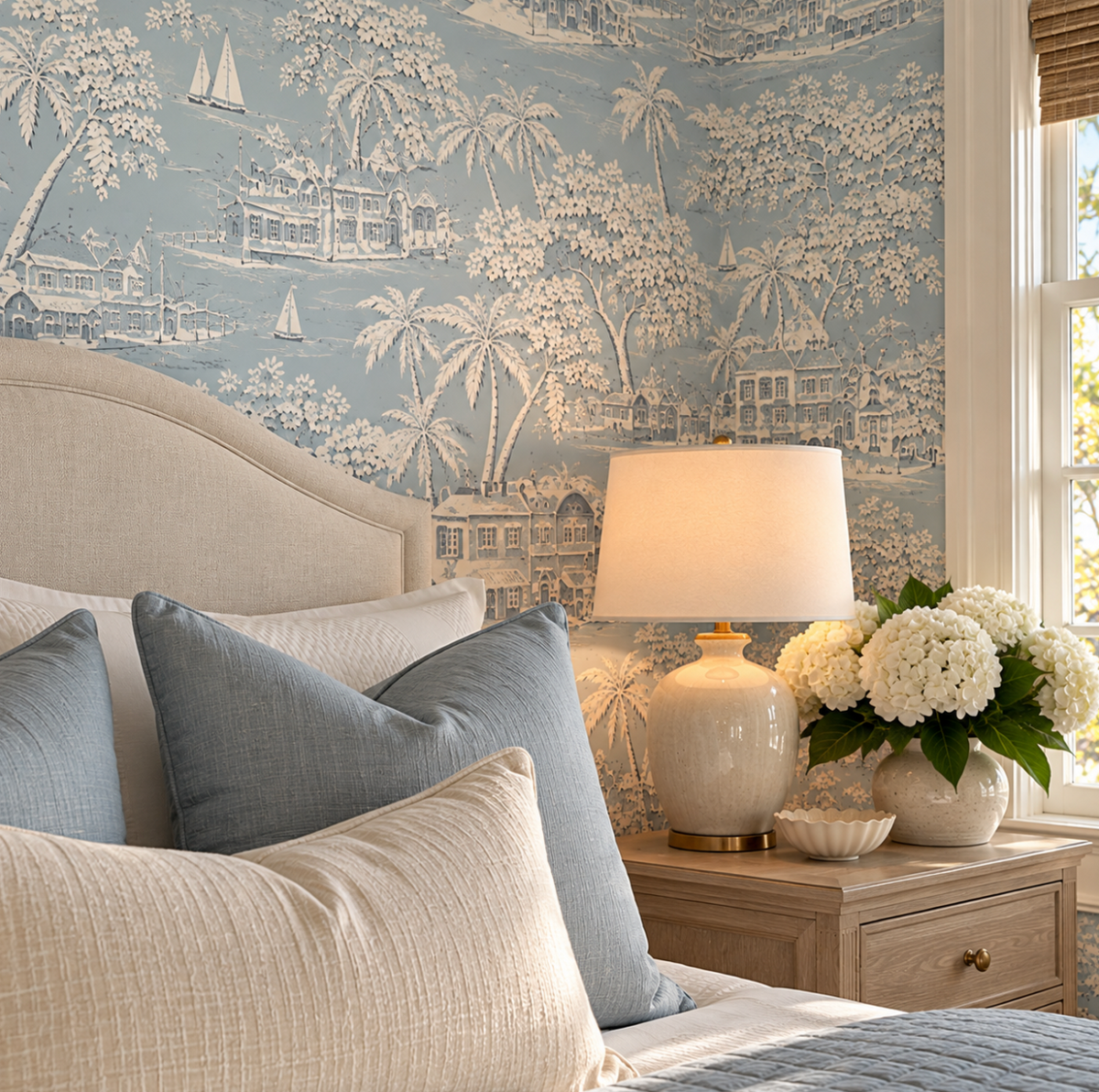 Luxury coastal wallpaper in pale blue and white with intricate seaside village illustrations.