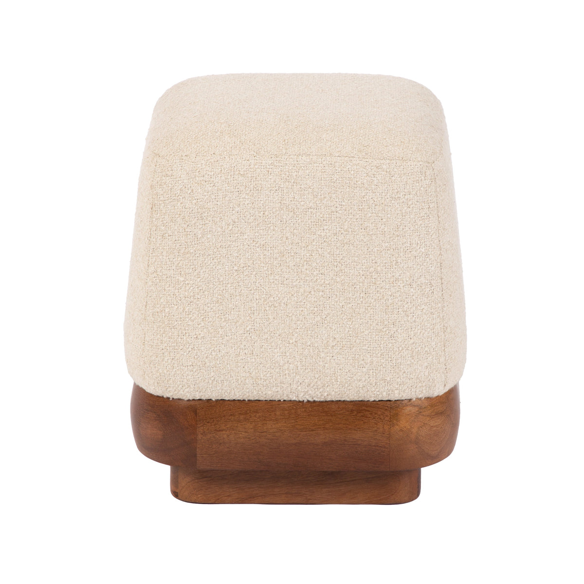 Luxury cream boucle ottoman with a wood base styled as living room furniture