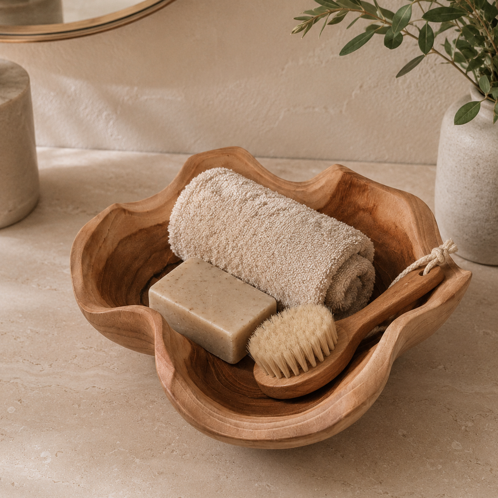 Luxury natural wood bowl made from teak for neutral and coastal interiors.