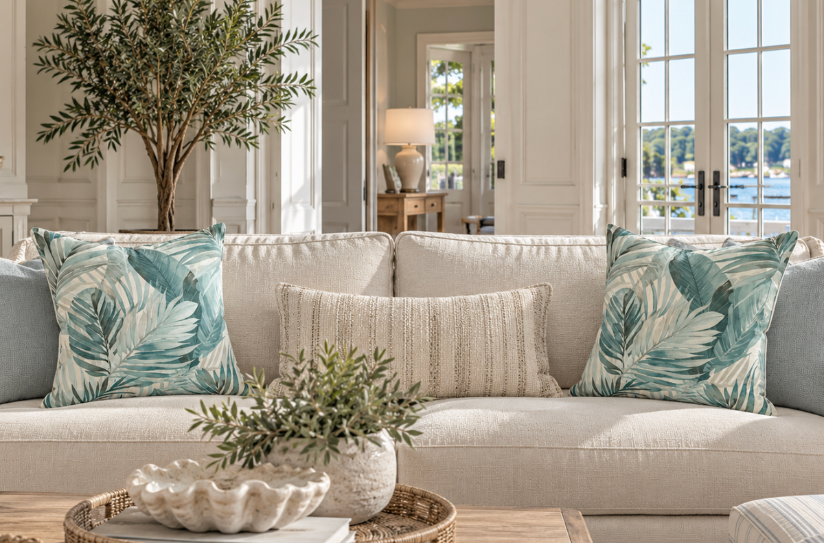 Luxury tropical throw pillow featuring a palm pattern for upscale coastal styling.