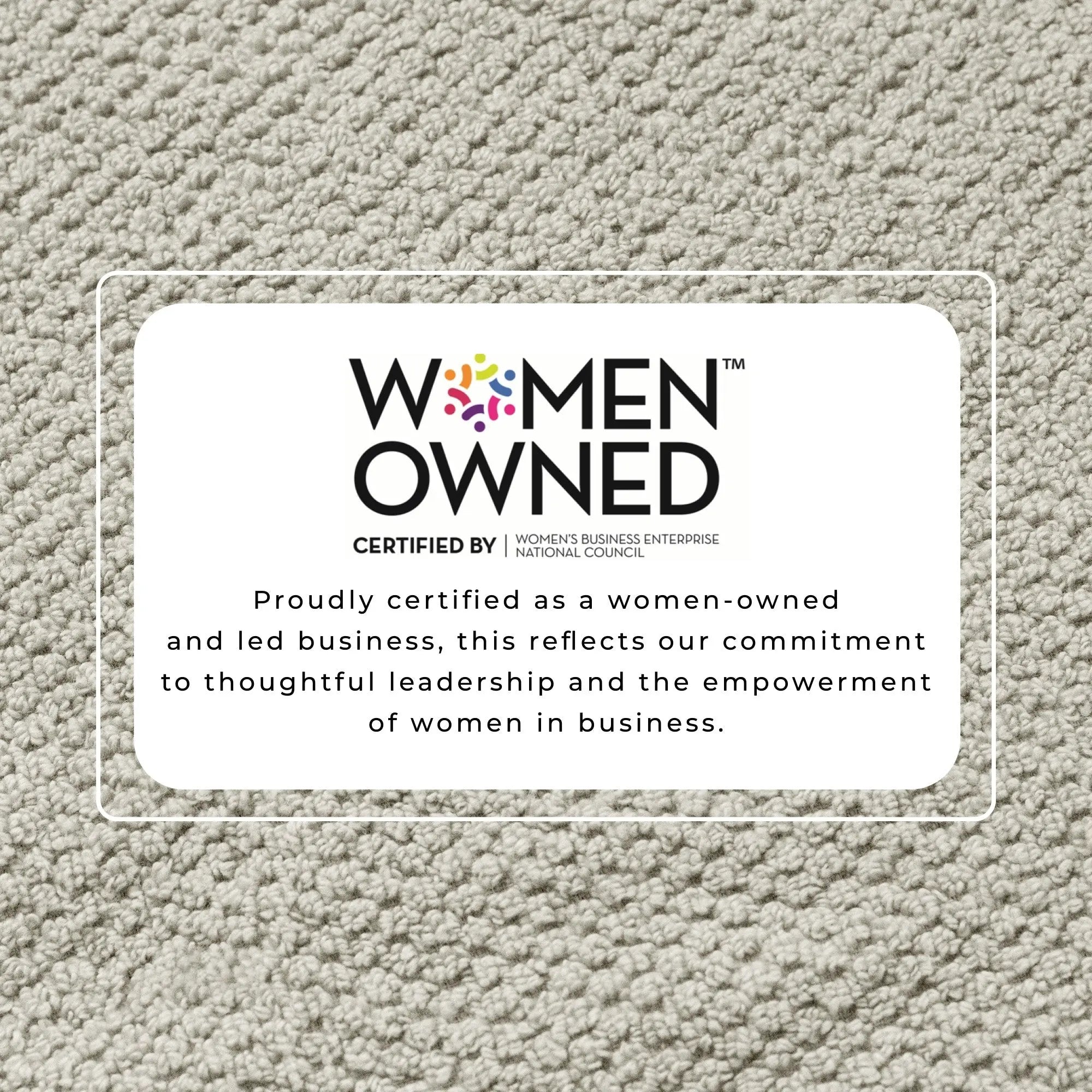 100% cotton bath towel set Marbella Collection; beige textured background with a women-owned certification badge.