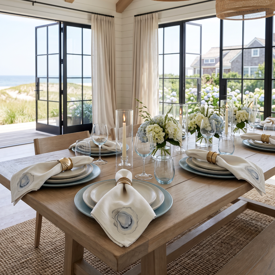 Machine-washable set of four coastal napkins in soft neutral tones with a one-sided watercolor oyster shell corner design, resistant to stretching and shrinking.