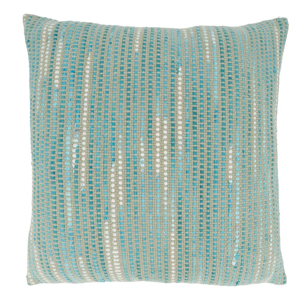 Aqua blue woven cotton pillow with subtle stripe pattern and hidden zipper, ideal as a thoughtful housewarming gift.
