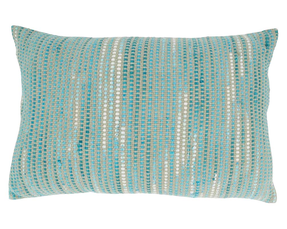 Marbella Aqua woven lumbar pillow that adds a cool blue accent to beds, sofas, and window seats.