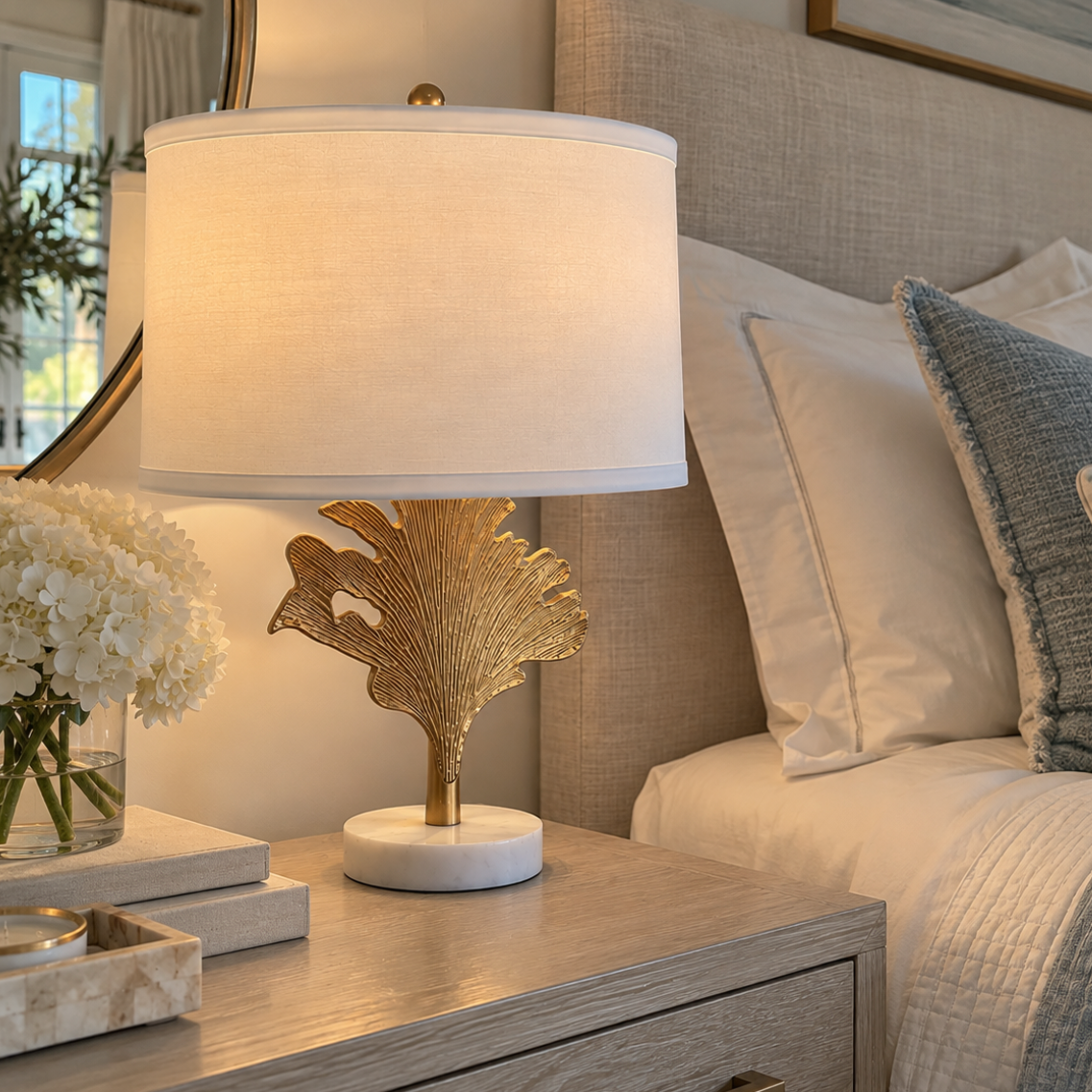 Gold and marble bedside table lamp with white drum shade styled in an elegant coastal bedroom.