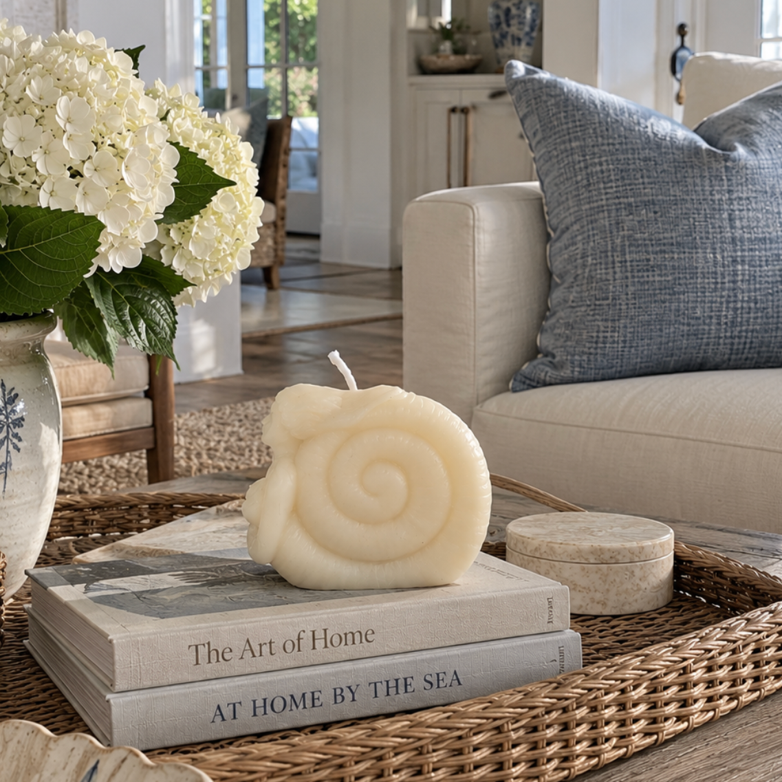 Sculptural mermaid candle that doubles as a decorative coastal accent.