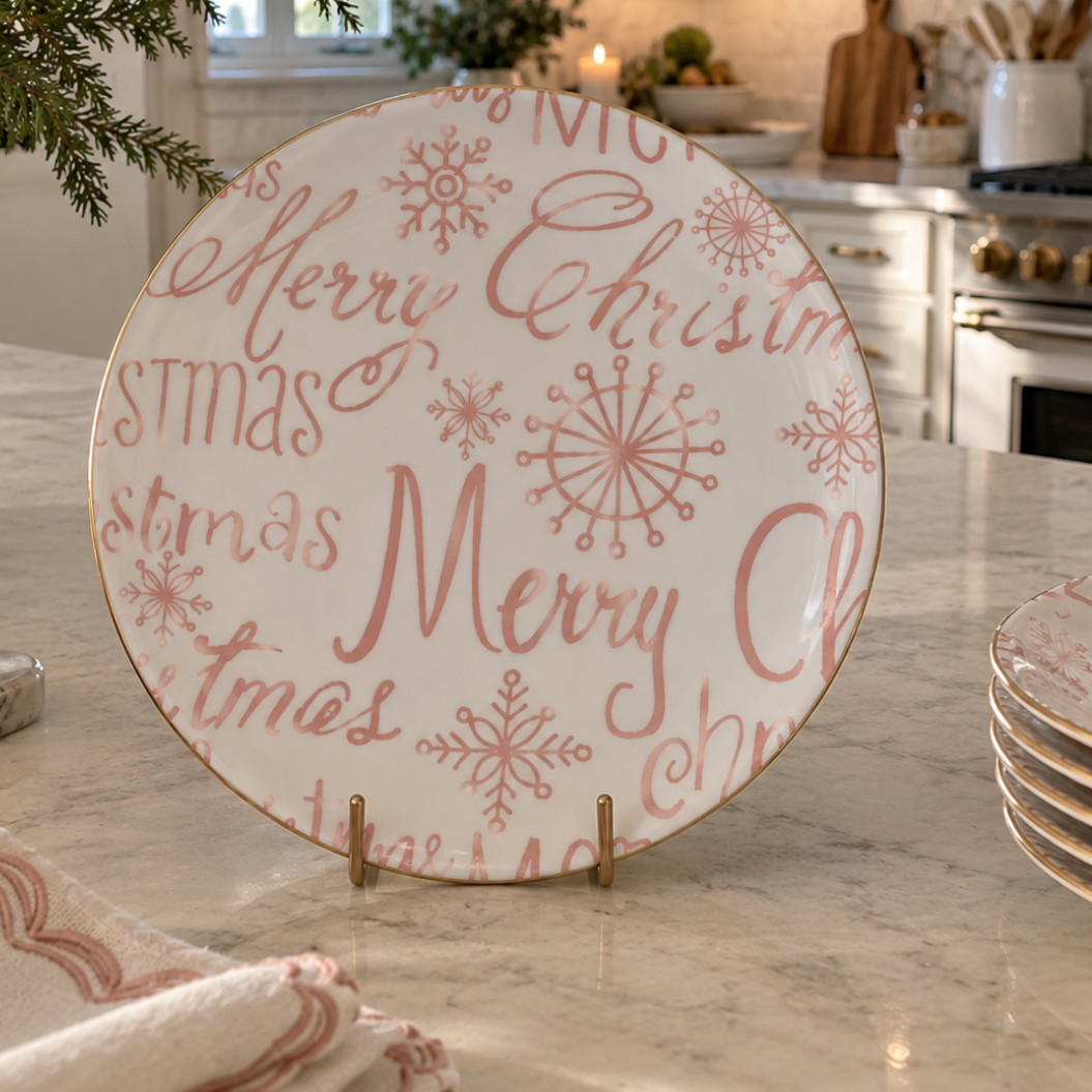 Six-inch Merry Christmas stoneware plate displayed with petite holiday desserts and festive table décor.