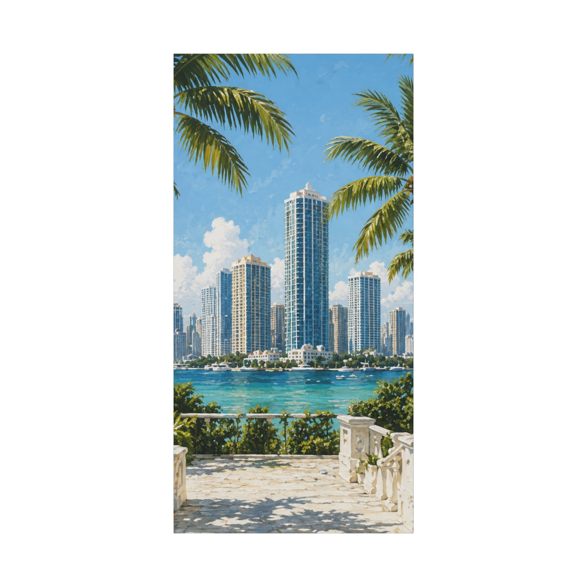 Contemporary Miami skyline canvas art perfect for gallery walls in trendy apartments.