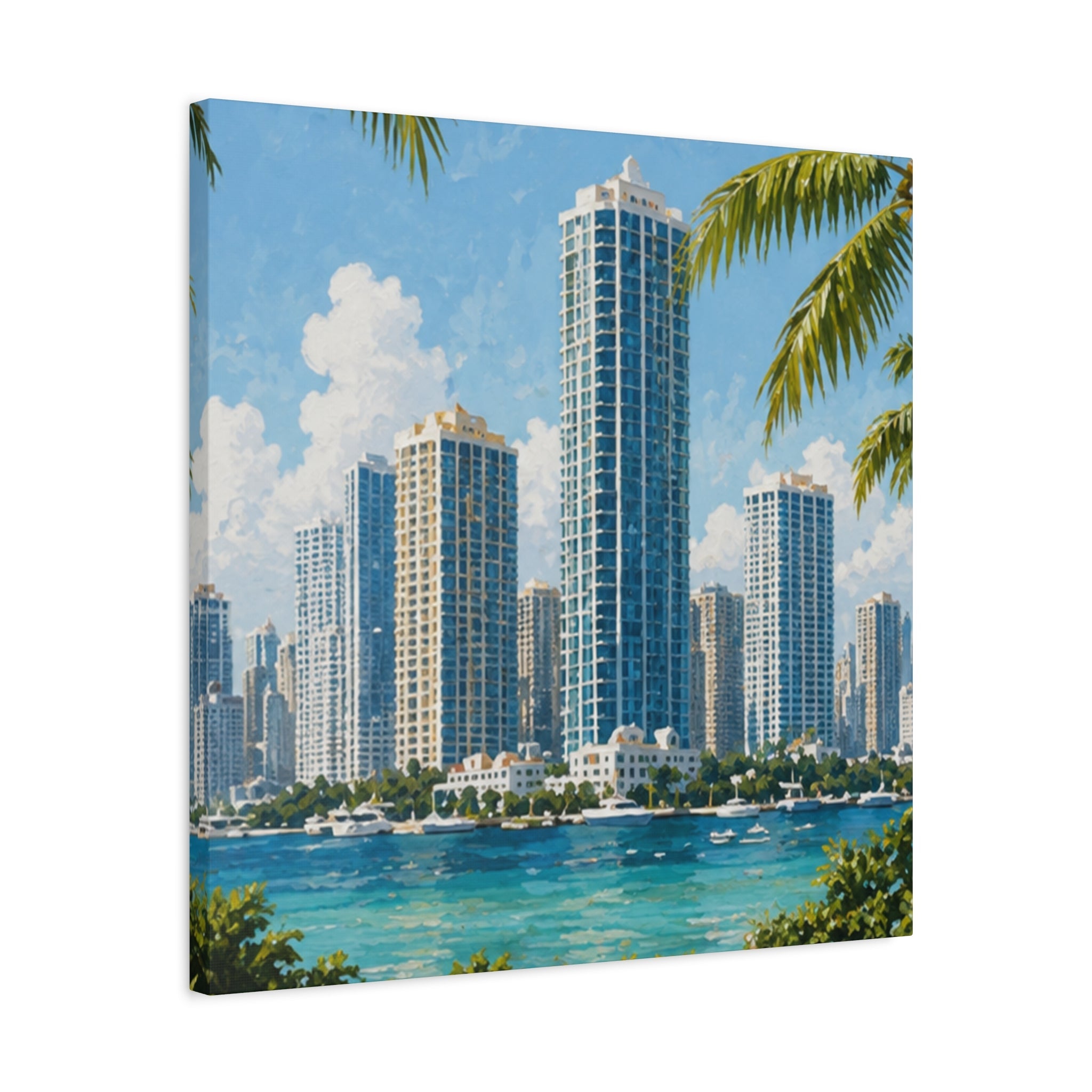 Colorful Miami skyline wall art on stretched canvas for trendy home office styling.