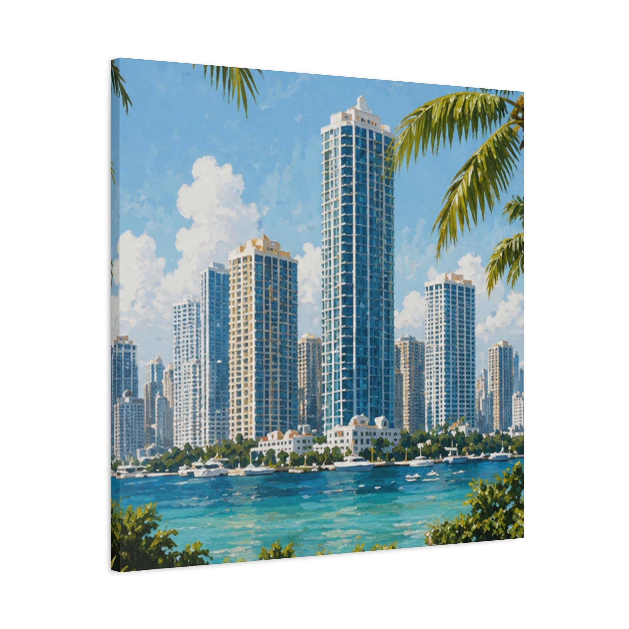 Urban Miami skyline canvas painting that adds city-chic vibes to bedroom decor.