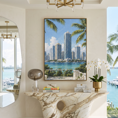 Miami skyline canvas painting with a modern cityscape design for trendy living room wall decor