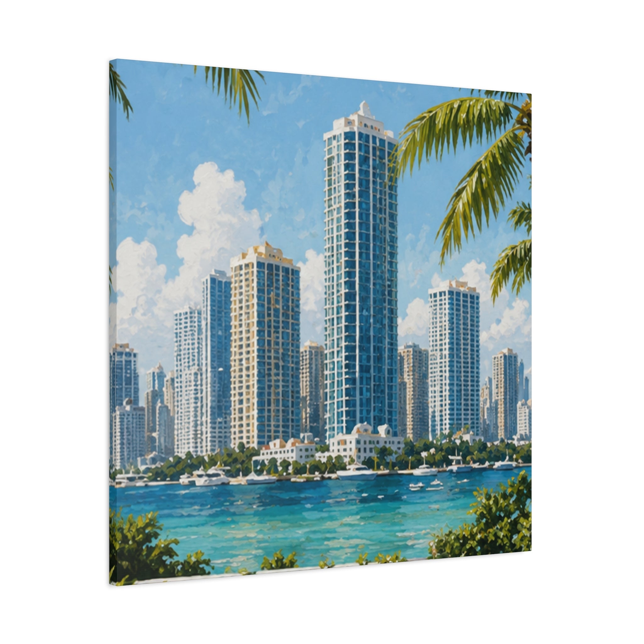 Sleek Miami skyline cityscape canvas painting for minimalist modern wall decor.