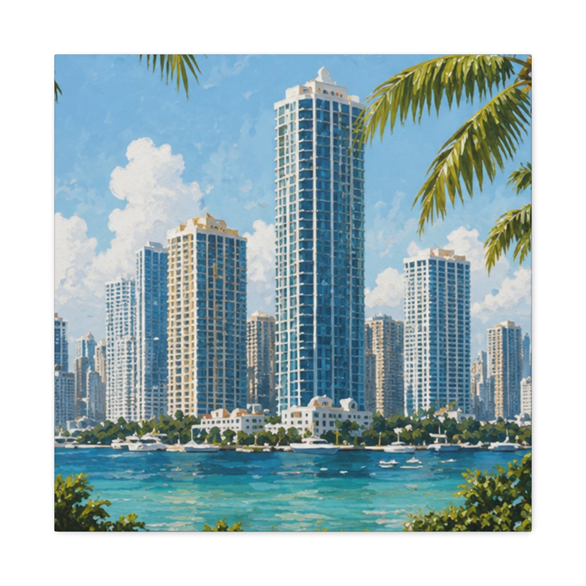 Miami skyline cityscape canvas print for a modern coastal living room wall.