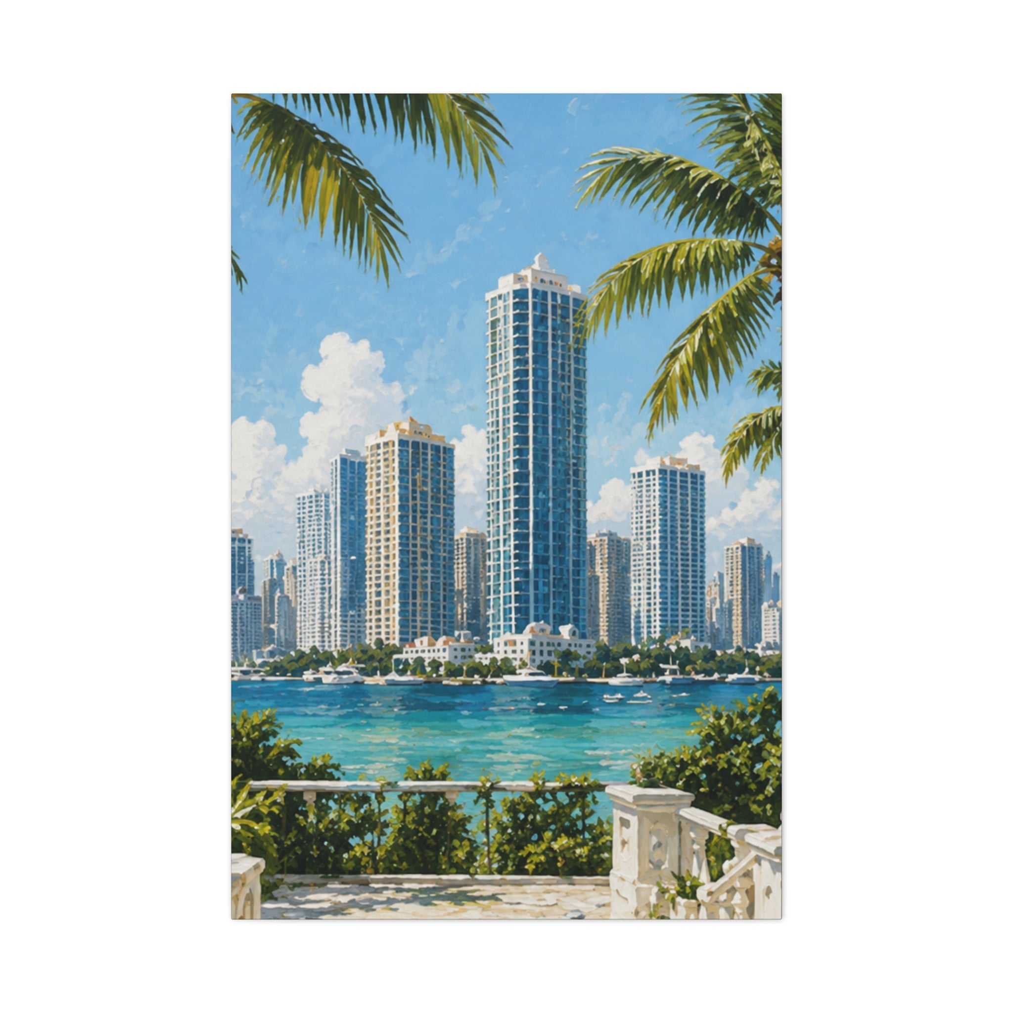Miami skyline cityscape canvas with bright modern colors for statement wall decor.