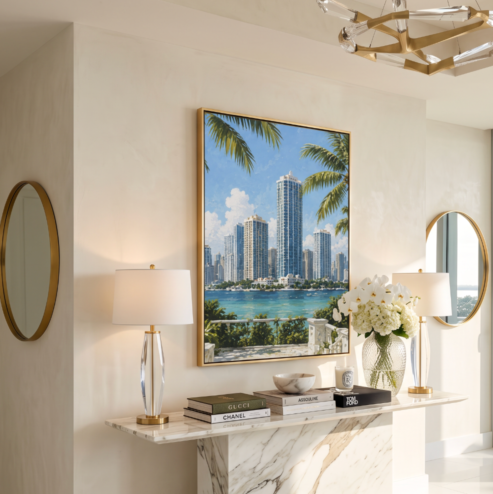 Modern Miami cityscape canvas print styled as trendy wall decor for contemporary homes