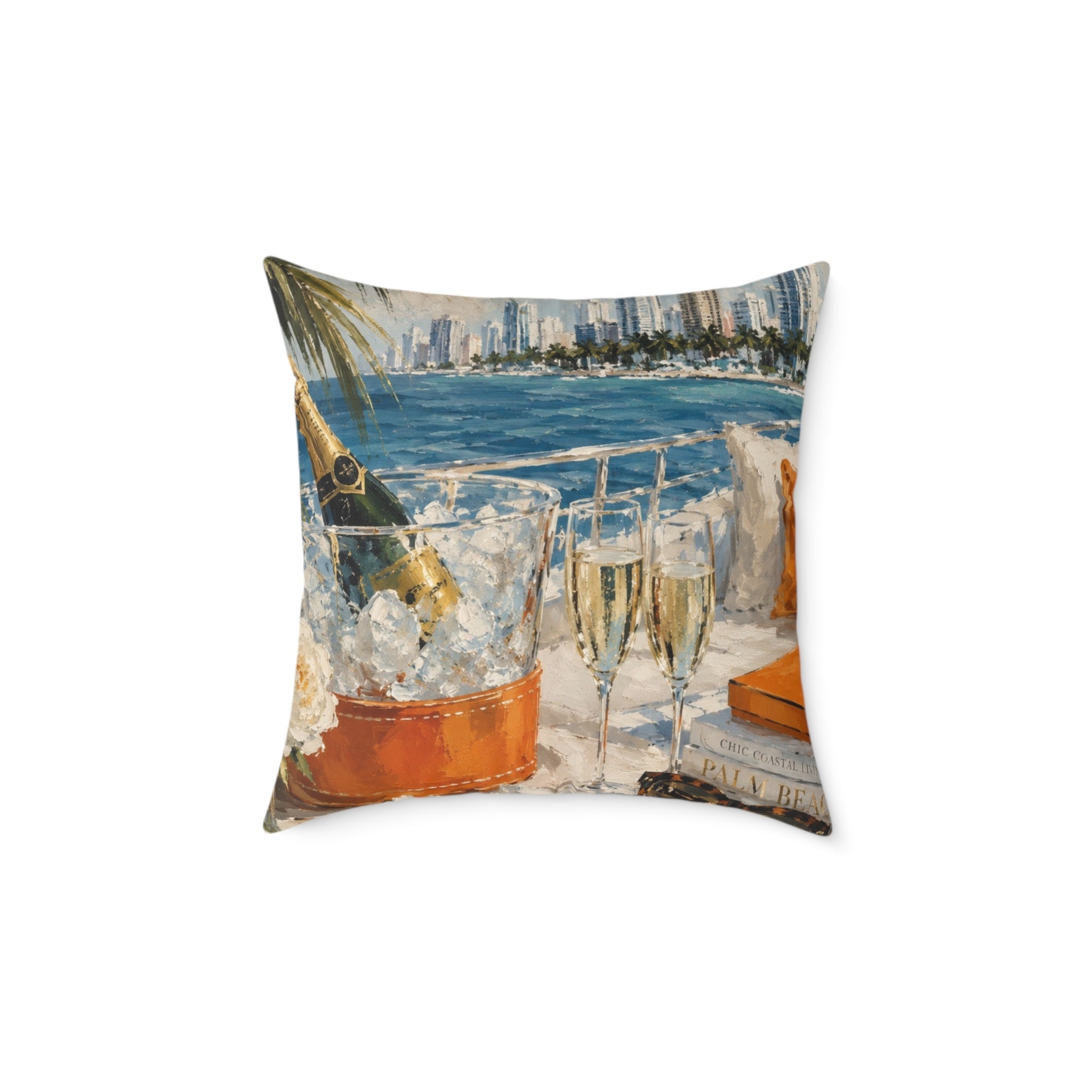 Miami skyline yacht bar throw pillow with champagne setup and city buildings in the distance.