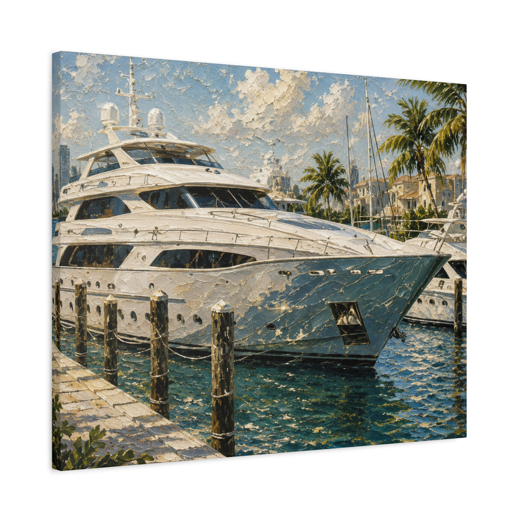 Ocean inspired Miami yacht canvas print for hanging above a living room sofa.