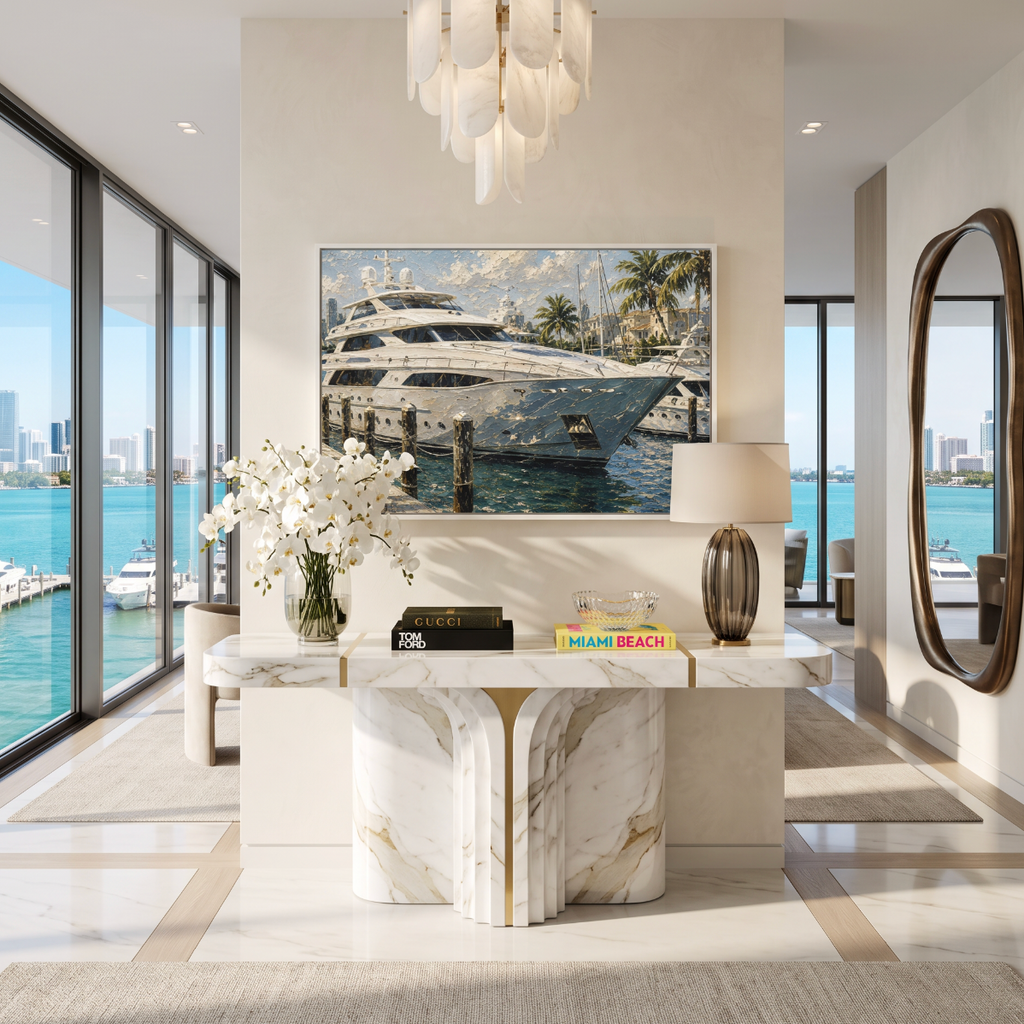 Miami yacht canvas wall art with a sleek boat scene for modern coastal living room decor.