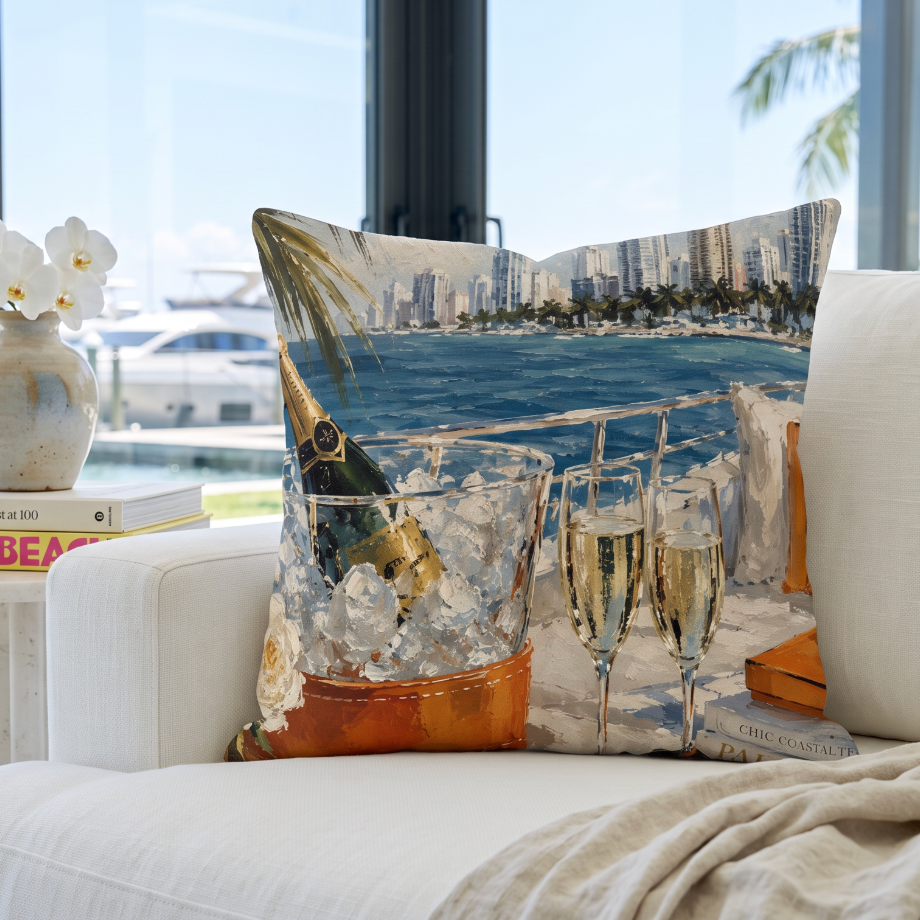 Miami yacht champagne coastal throw pillow featuring an ice bucket and flutes against a city skyline.