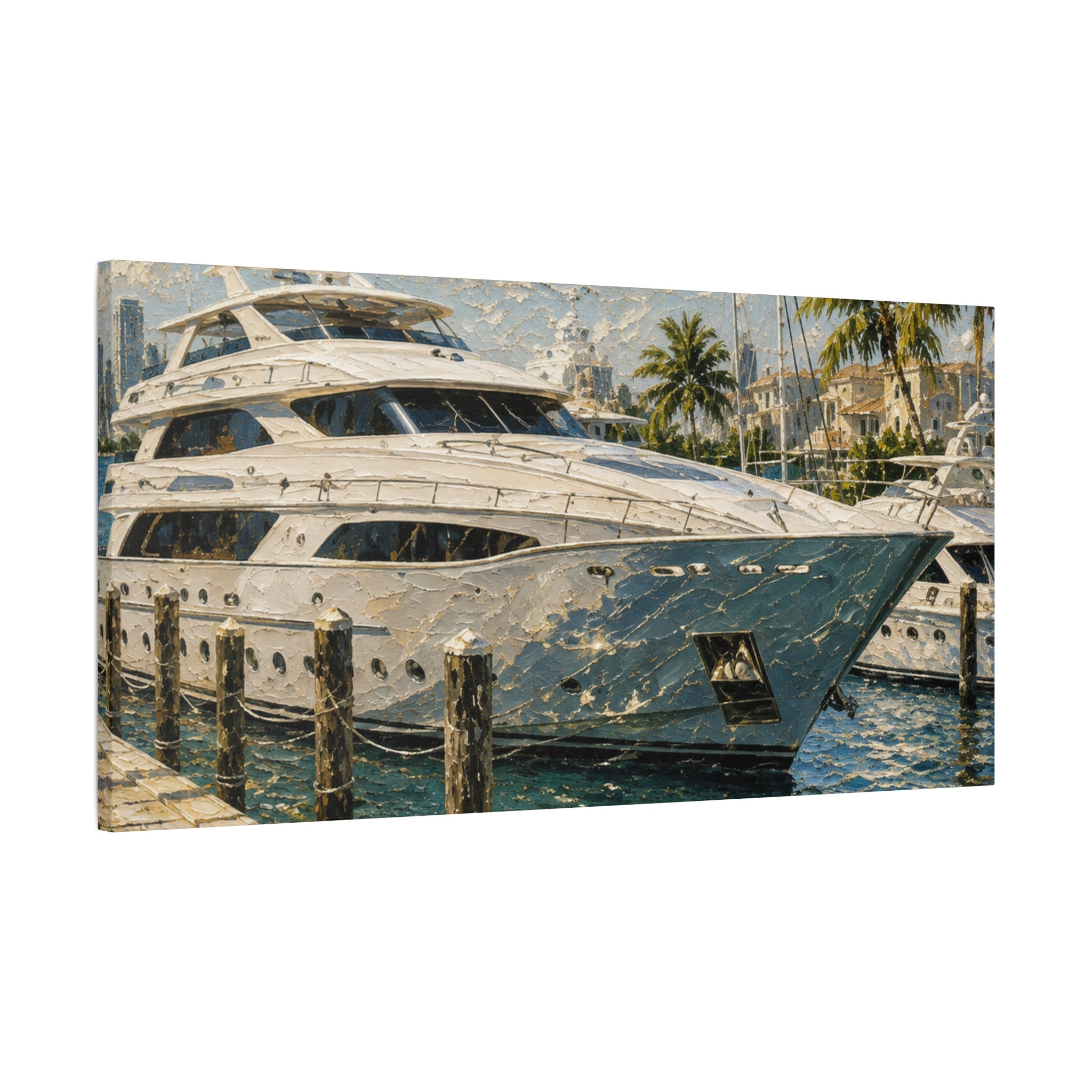 Nautical Miami yacht canvas art ideal for decorating a beach condo or waterfront home.
