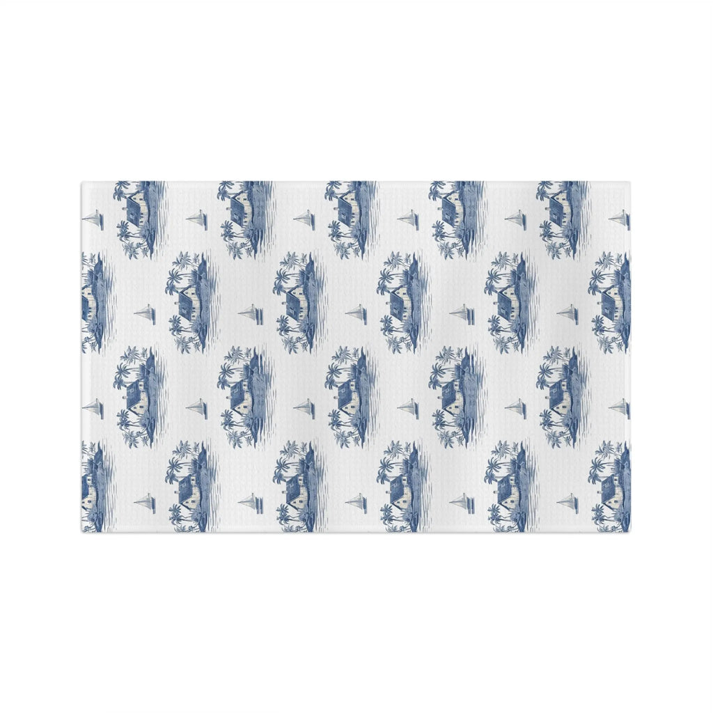 Blue Sailboat & Island Toile Kitchen Towel Printify
