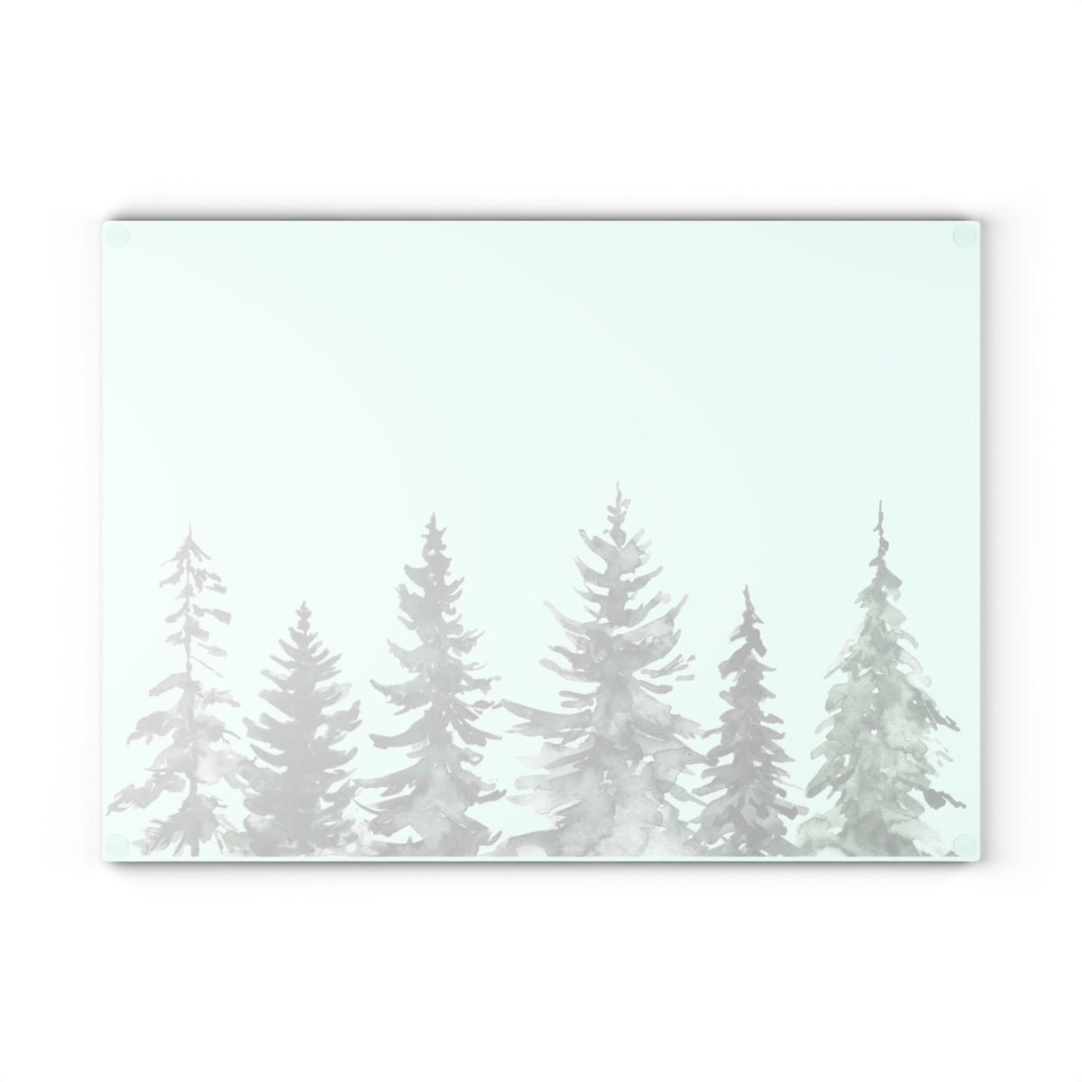 Minimalist evergreen holiday cutting board in soft green and sea-glass hues.