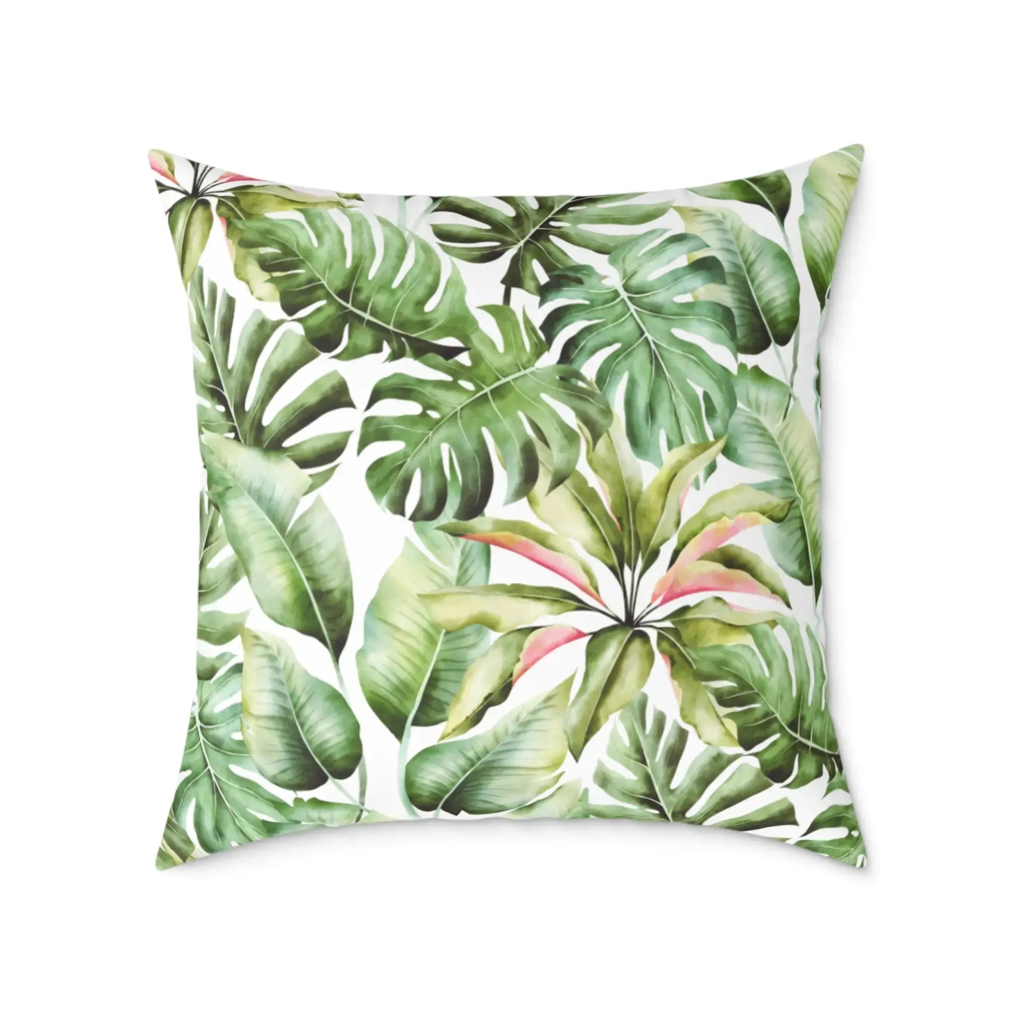 Square throw pillow with a lush tropical foliage pattern and polished finish.
