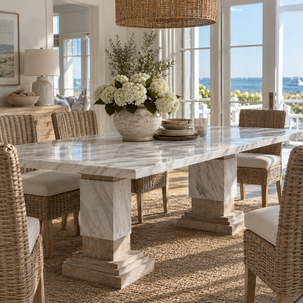 Modern coastal marble dining table with a rectangular white top and sculptural double pedestal base