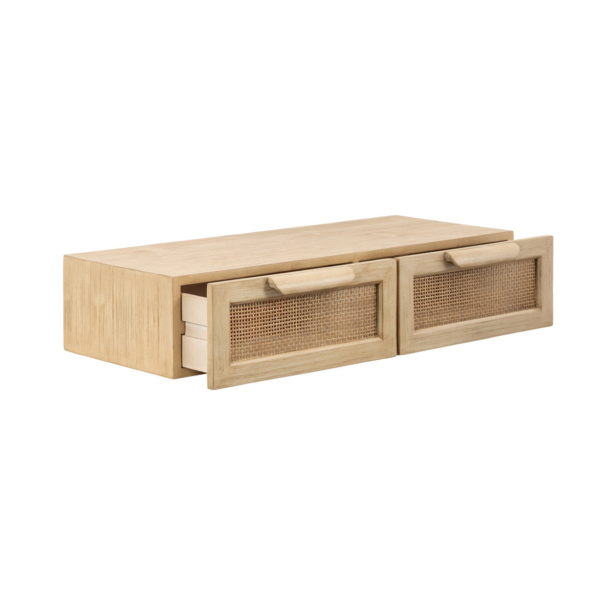 Modern coastal wall-mounted console with light wood, woven rattan, and concealed storage