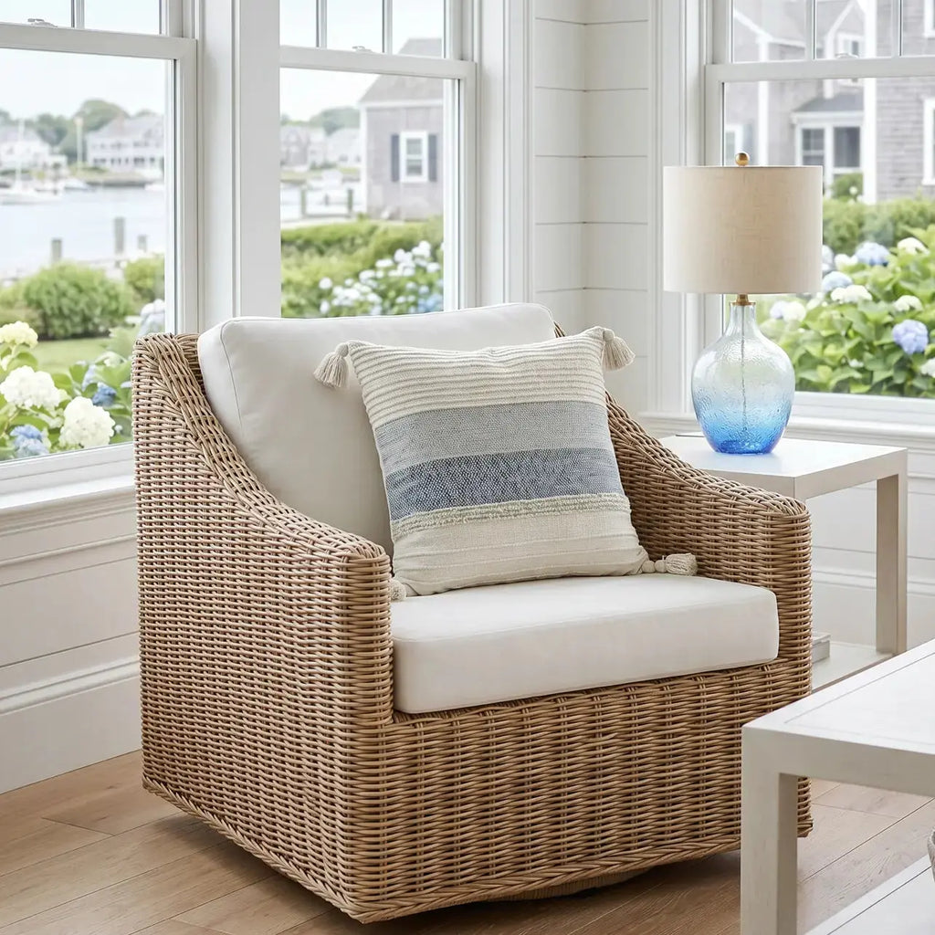 handwoven pillow with tassels in farmhouse style decor