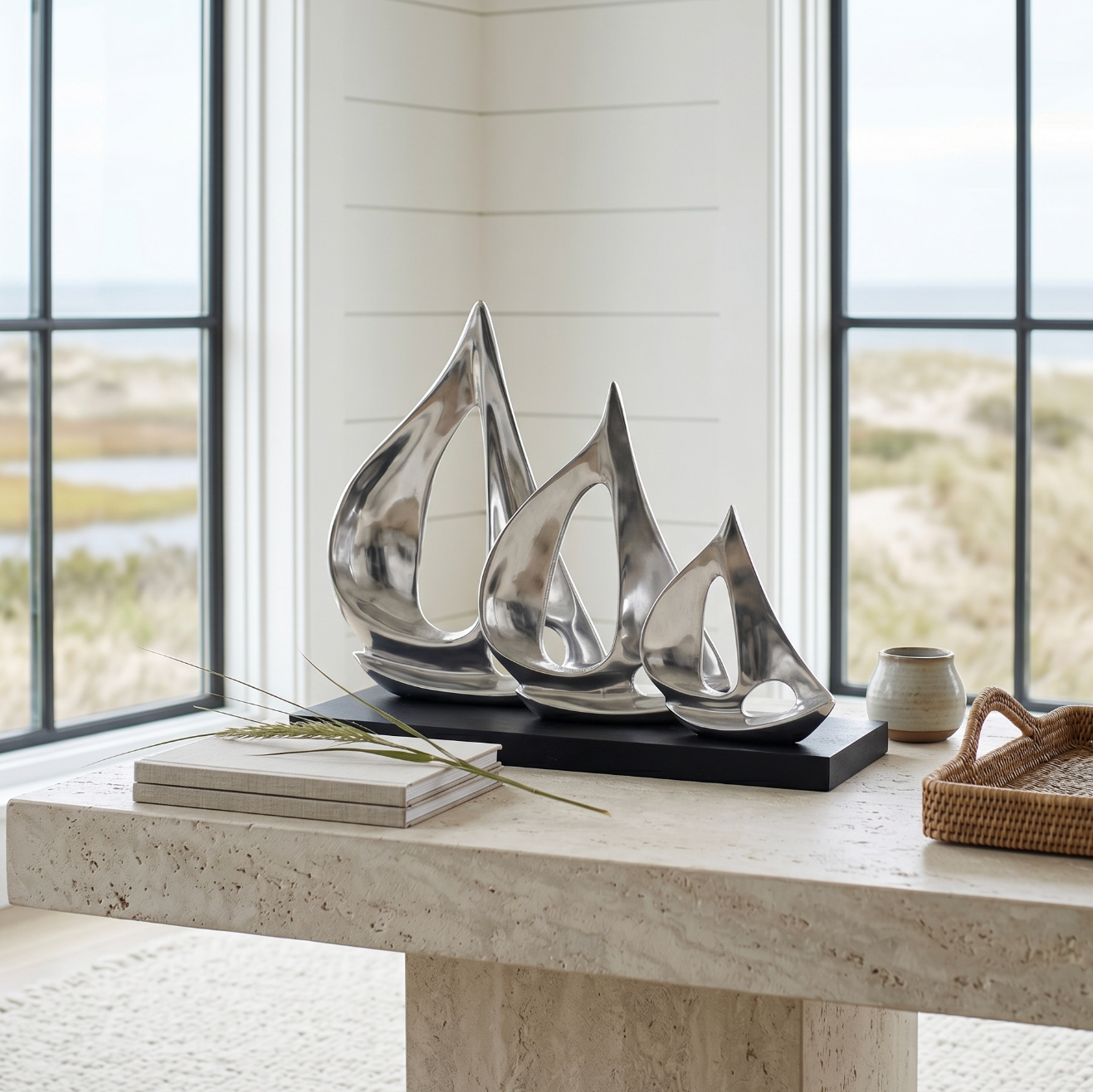 Metal sailboat sculpture displayed on a living room shelf for nautical beach house décor.