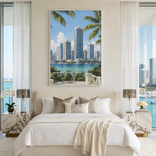Vibrant Miami skyline canvas wall art adding colorful city views to bedroom or office decor