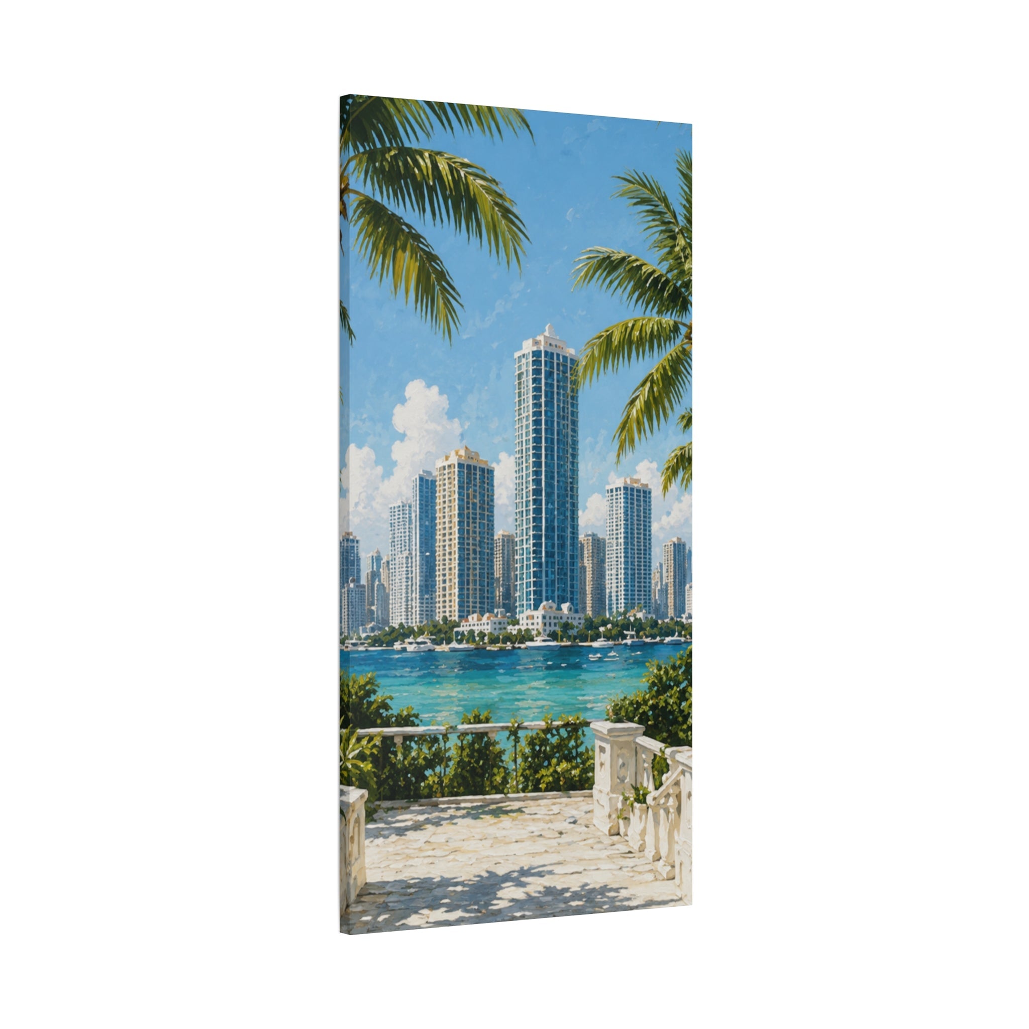 Miami skyline canvas art with colorful buildings and bay reflections for modern apartment decor