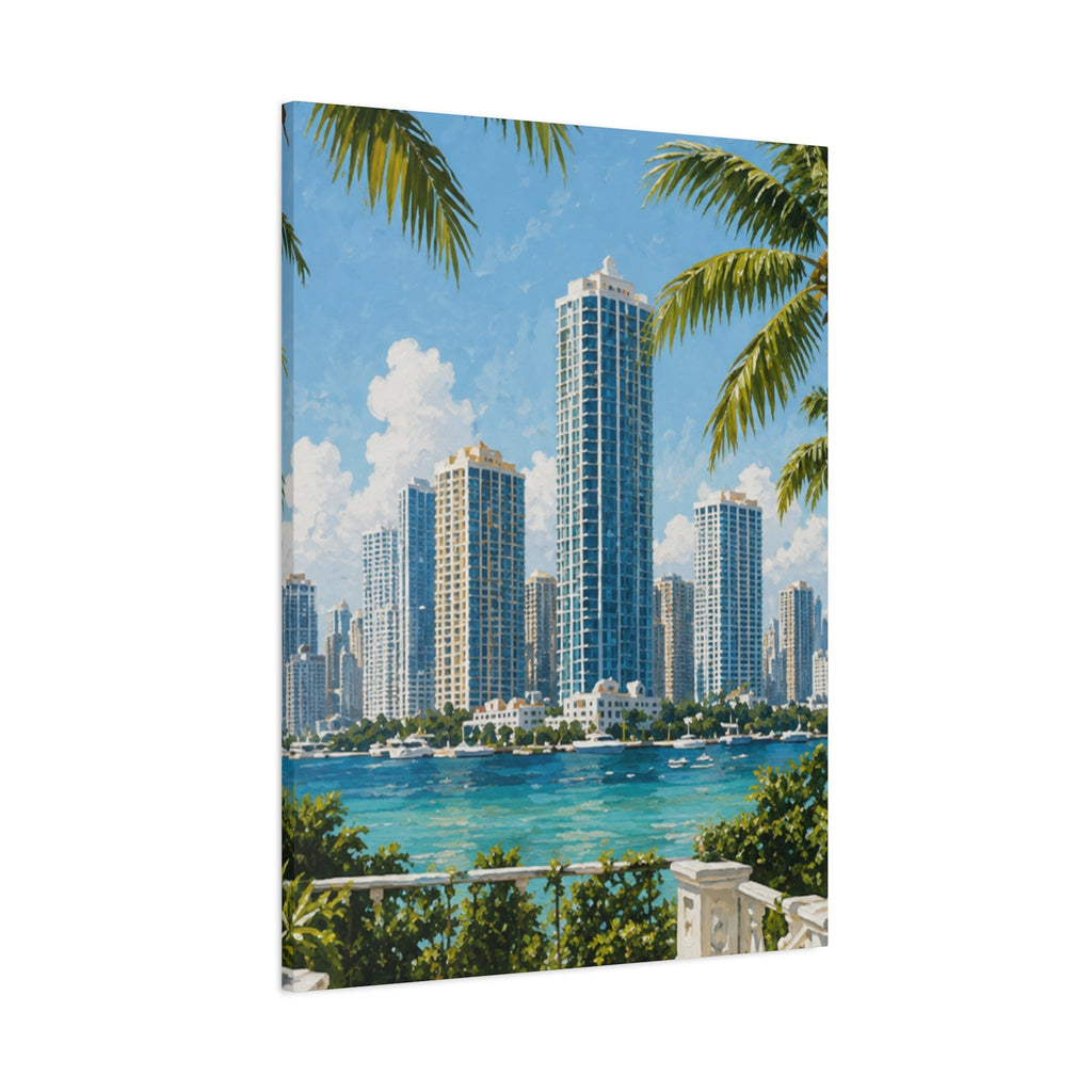 Modern Miami skyline night canvas art for trendy city apartment wall decor.