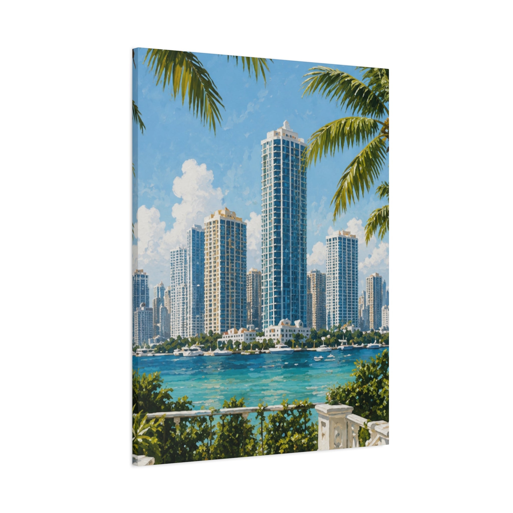 Modern Miami skyline night canvas art for trendy city apartment wall decor.